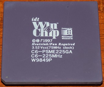 IDT WinChip C6 225MHz CPU (75MHz clock) 3.52Vcc (C6-PSME225GA W9849P) RISC, Centaur Technology, Sockel 5/7 Designed for Windows 95, Malay 1997